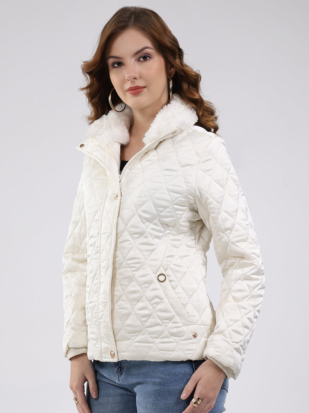 Women Off White Self Design Collar Full Sleeve Jacket
