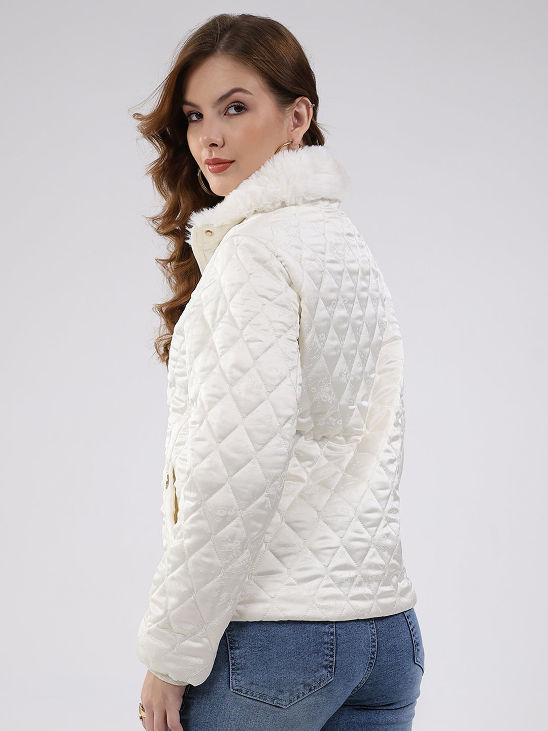 Women Off White Self Design Collar Full Sleeve Jacket
