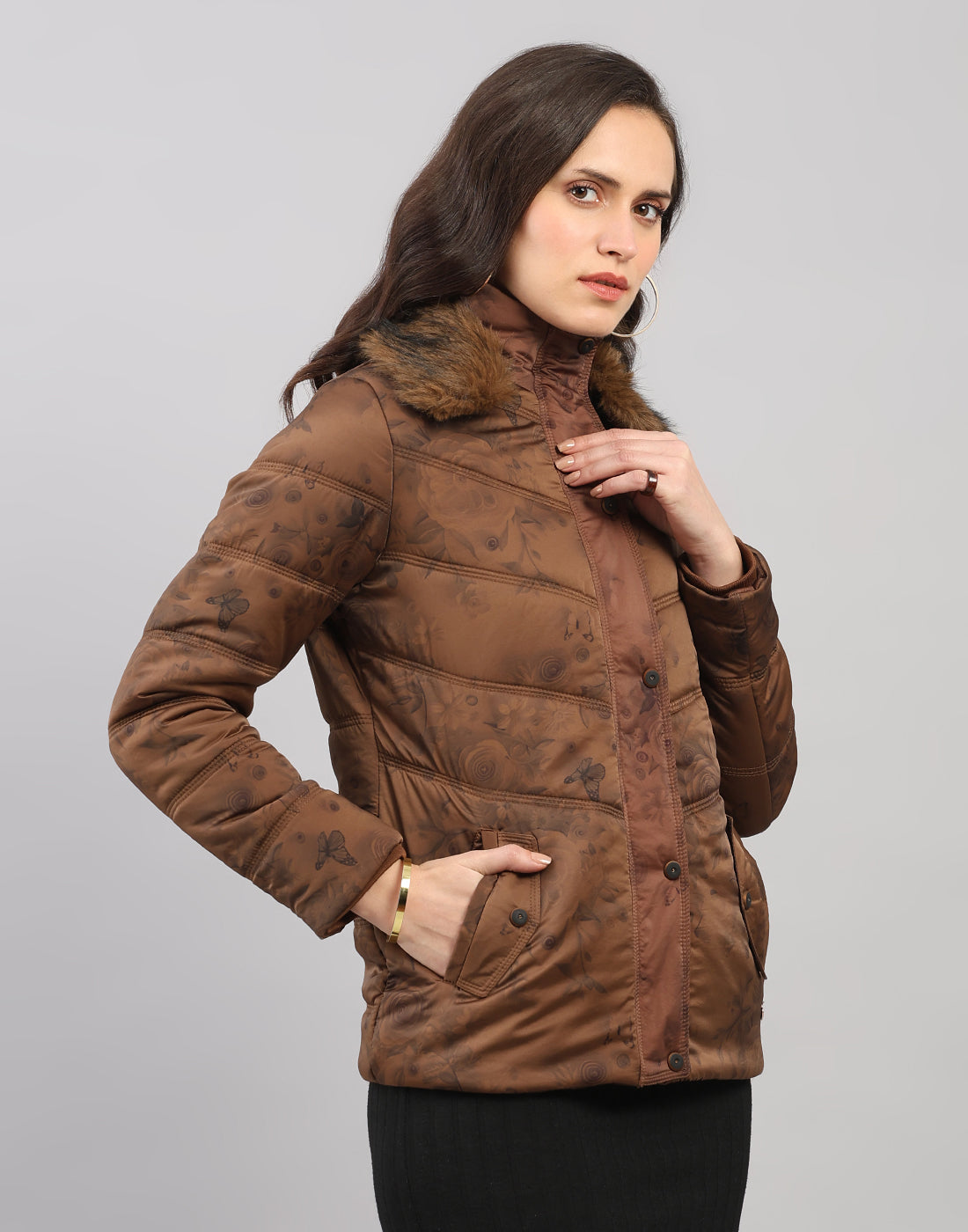 Women Brown Printed Collar Full Sleeve Jacket