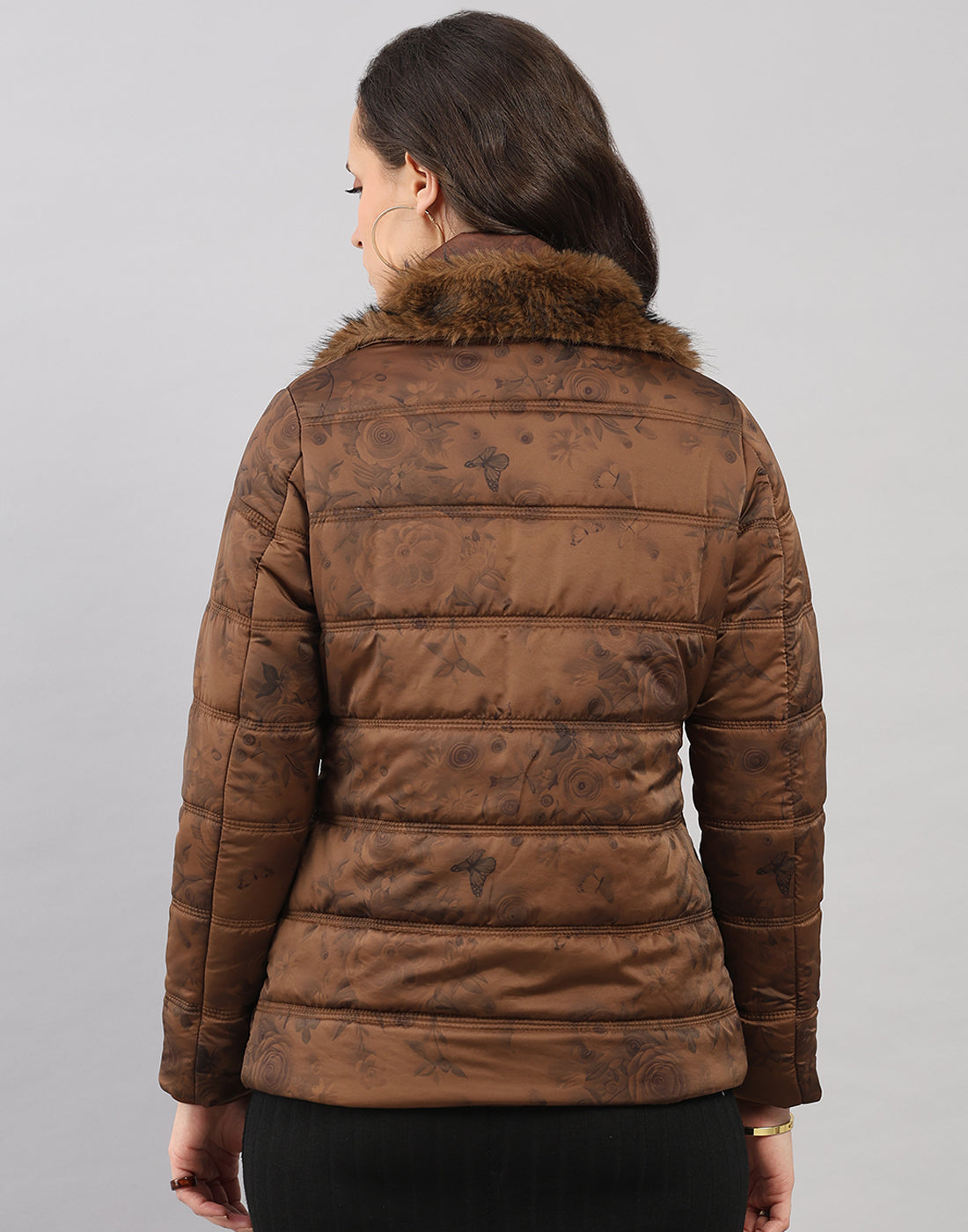 Women Brown Printed Collar Full Sleeve Jacket