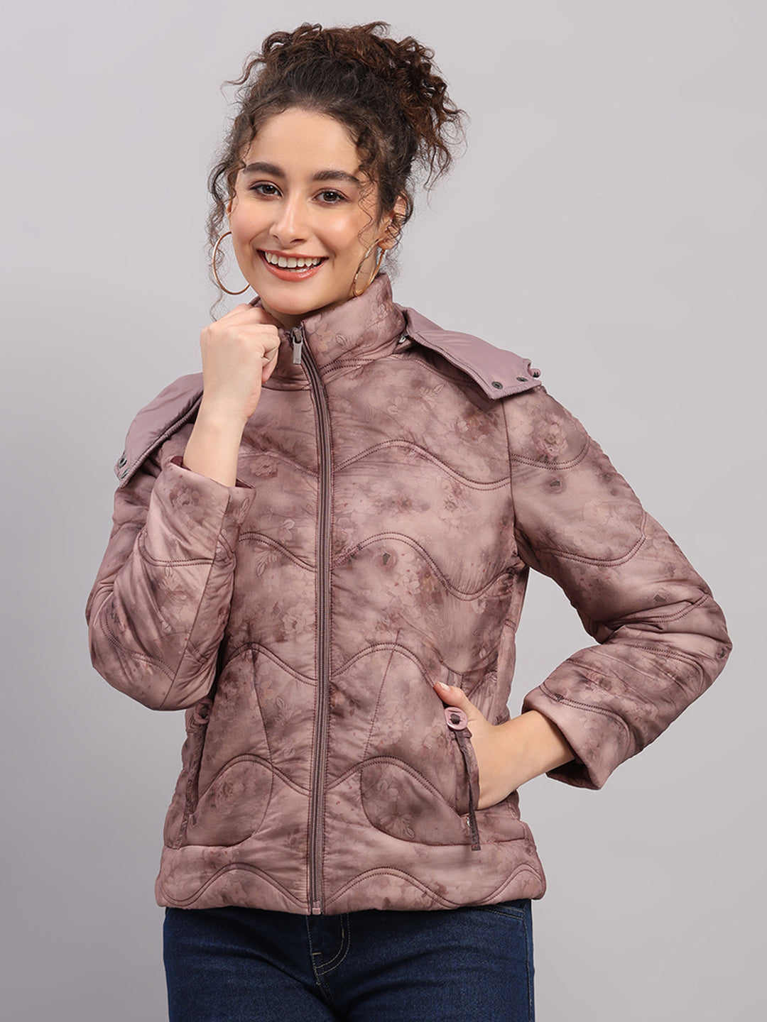 Women Mauve Printed Hooded Full Sleeve Jacket