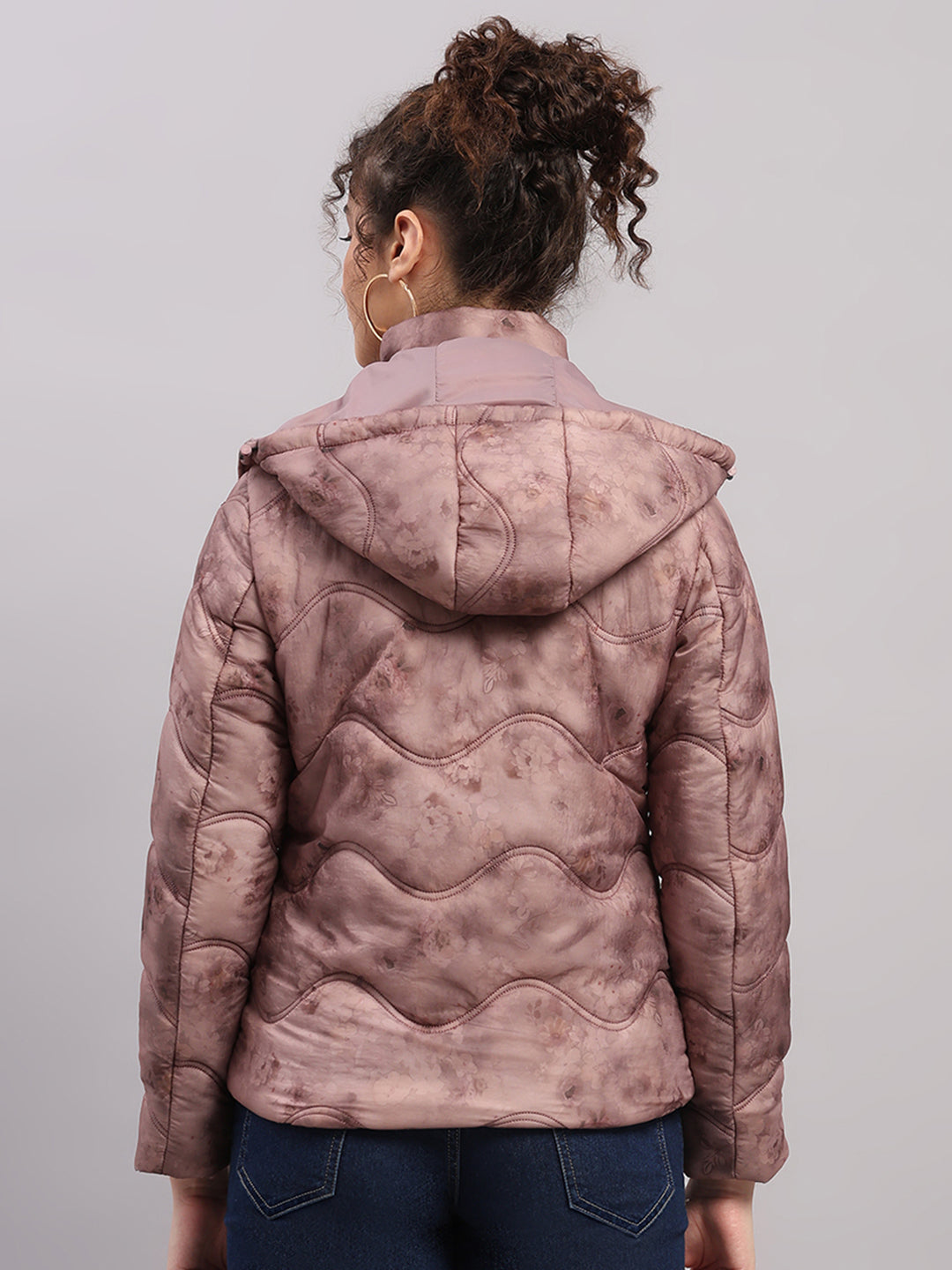 Women Mauve Printed Hooded Full Sleeve Jacket