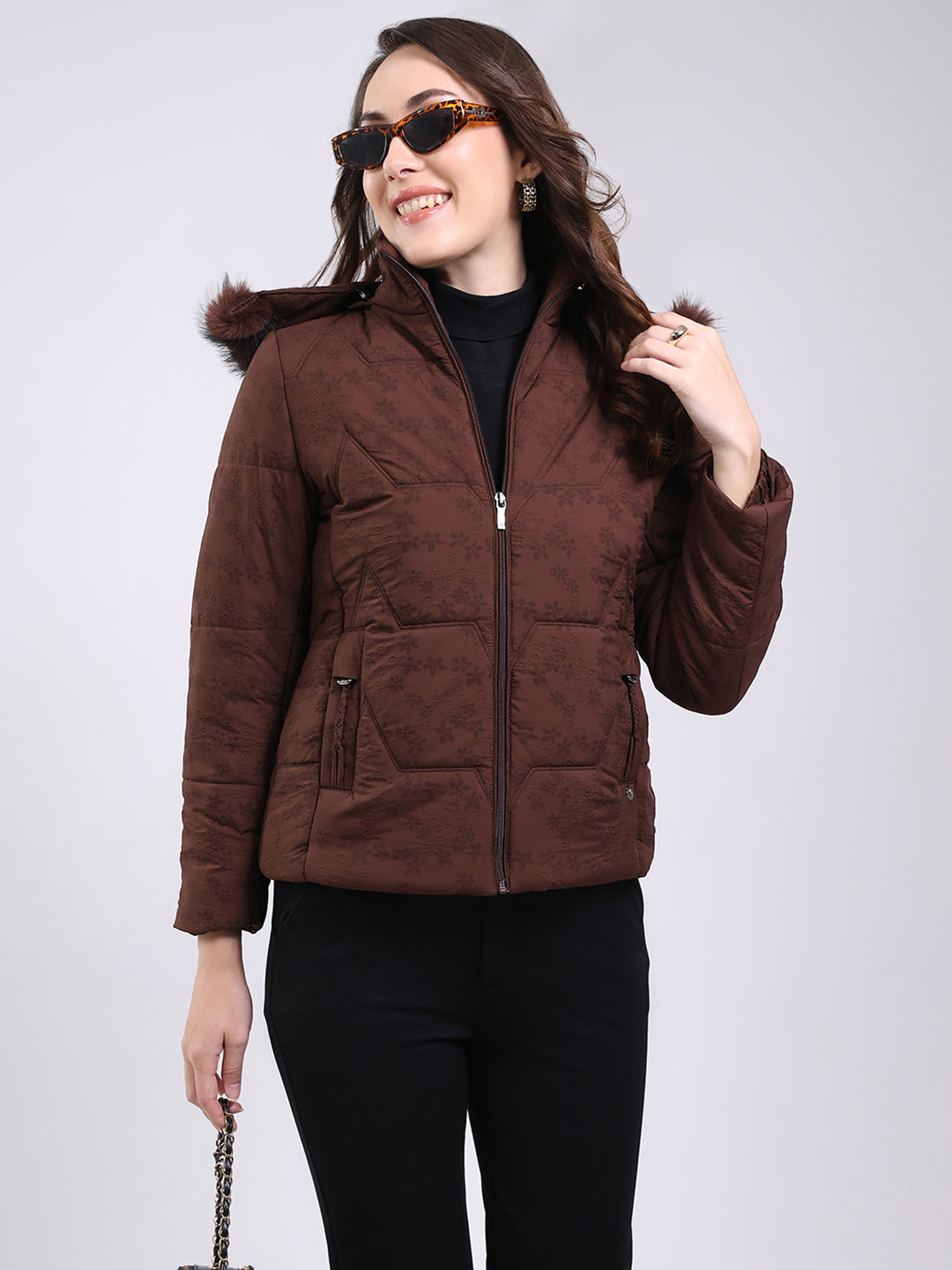 Women Brown Solid Hooded Full Sleeve Jacket
