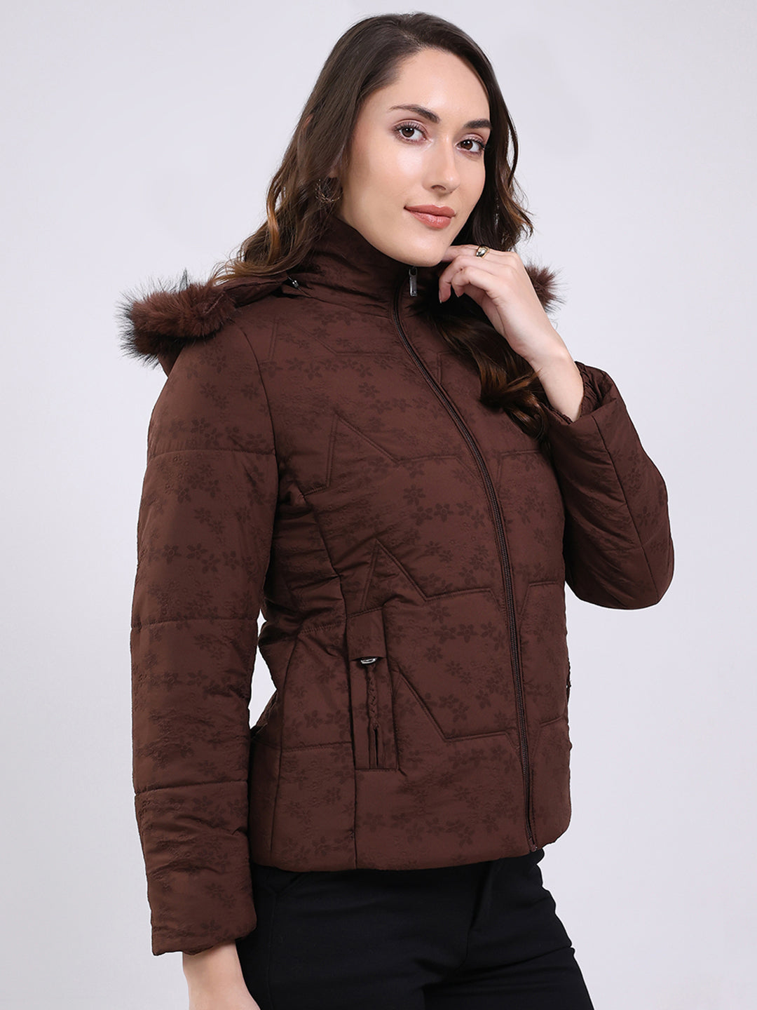 Women Brown Solid Hooded Full Sleeve Jacket