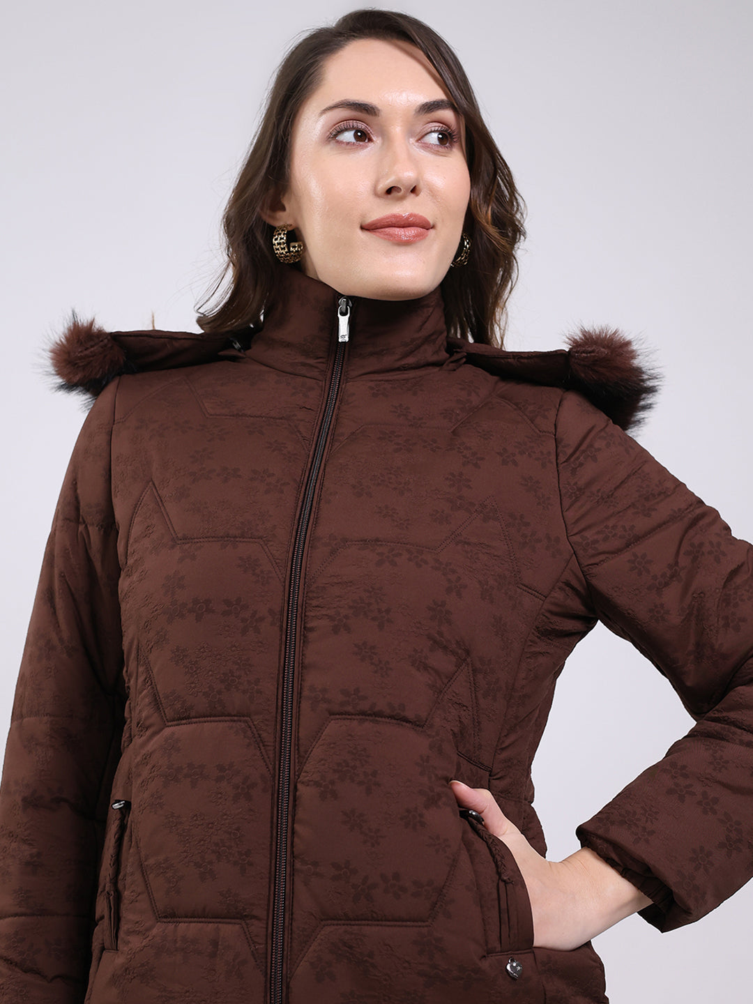 Women Brown Solid Hooded Full Sleeve Jacket