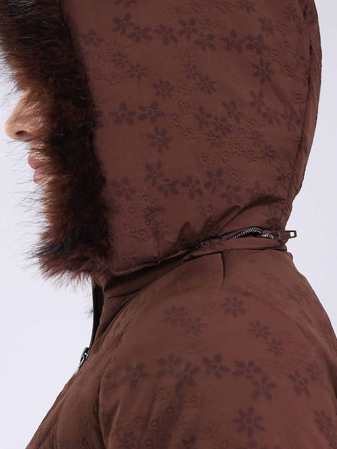 Women Brown Solid Hooded Full Sleeve Jacket