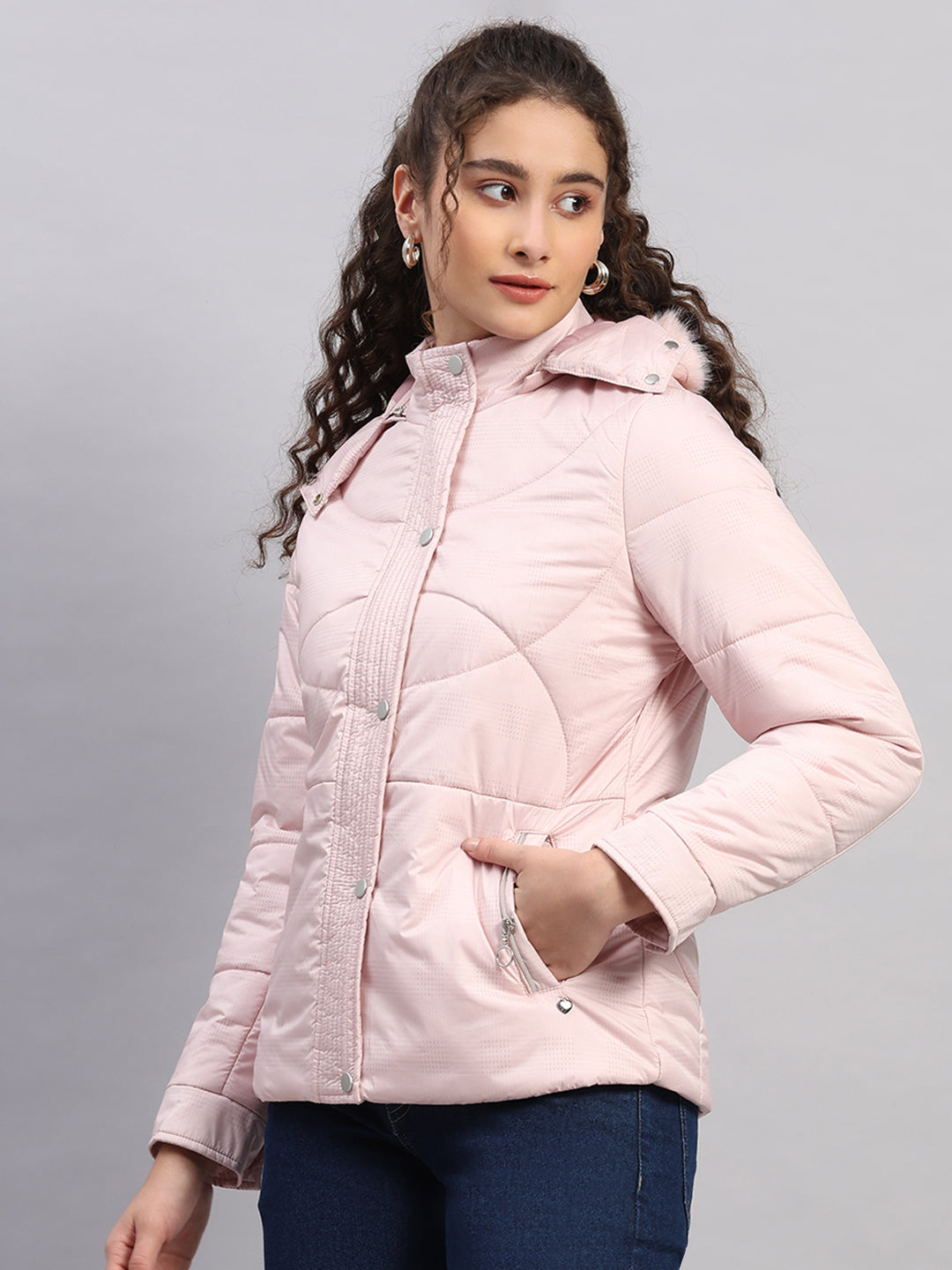 Women Pink Printed Hooded Full Sleeve Jacket