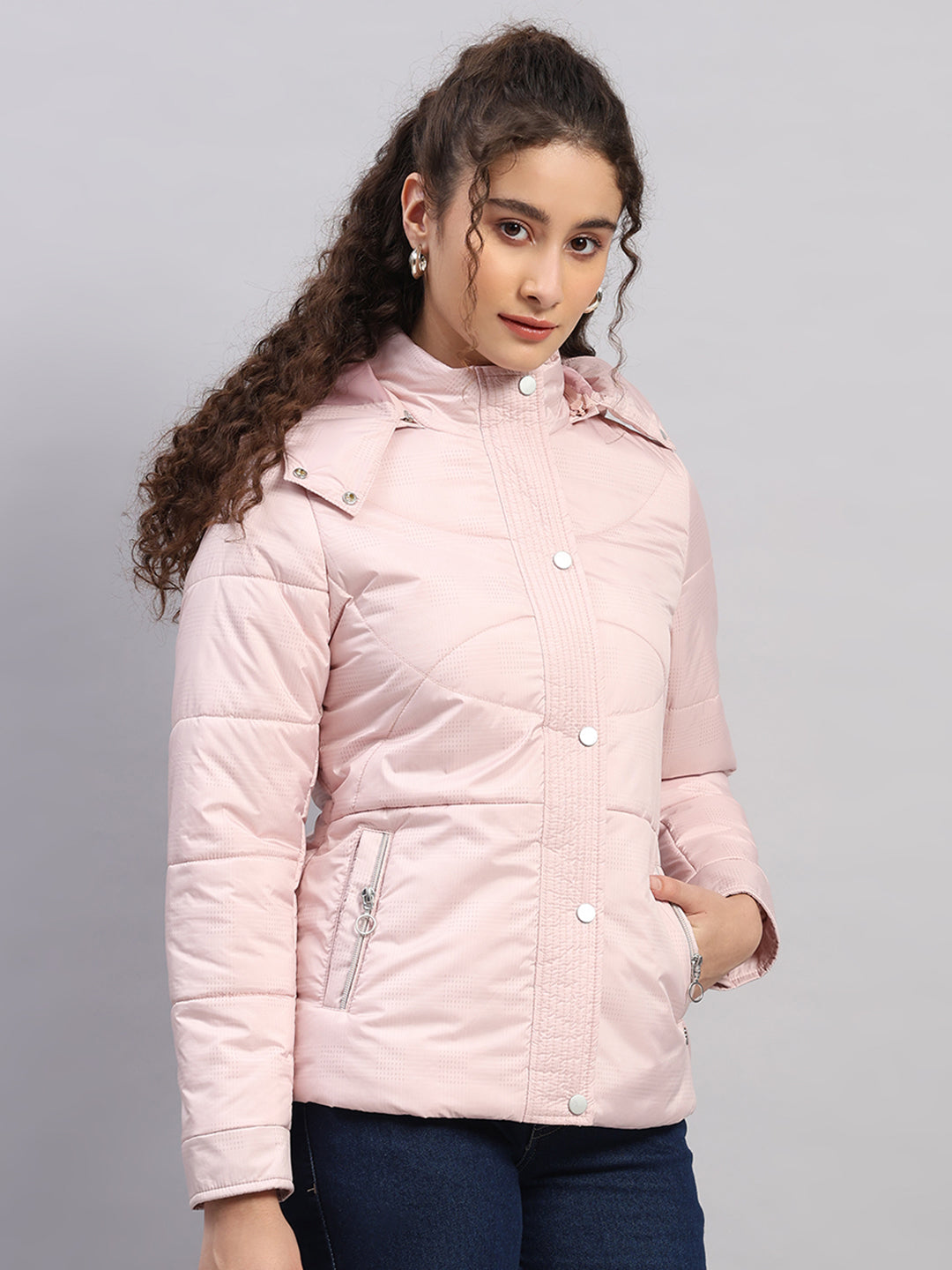 Women Pink Printed Hooded Full Sleeve Jacket