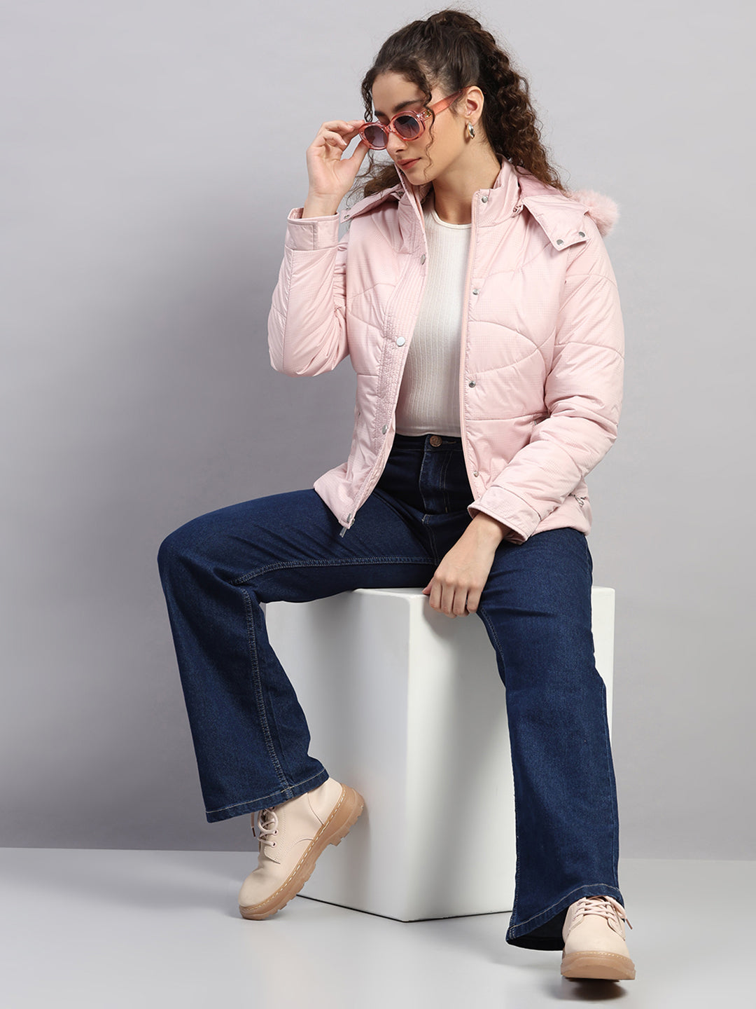 Women Pink Printed Hooded Full Sleeve Jacket