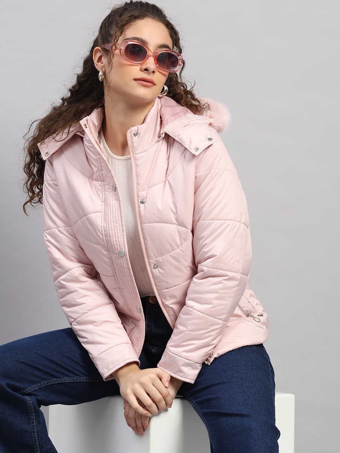 Women Pink Printed Hooded Full Sleeve Jacket