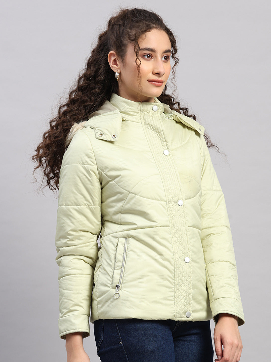 Women Green Printed Hooded Full Sleeve Jacket