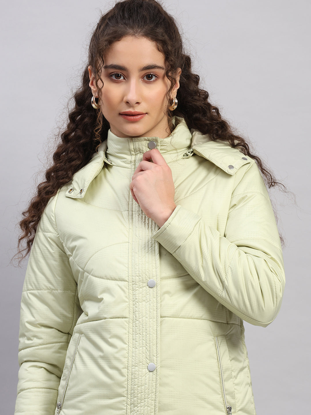 Women Green Printed Hooded Full Sleeve Jacket