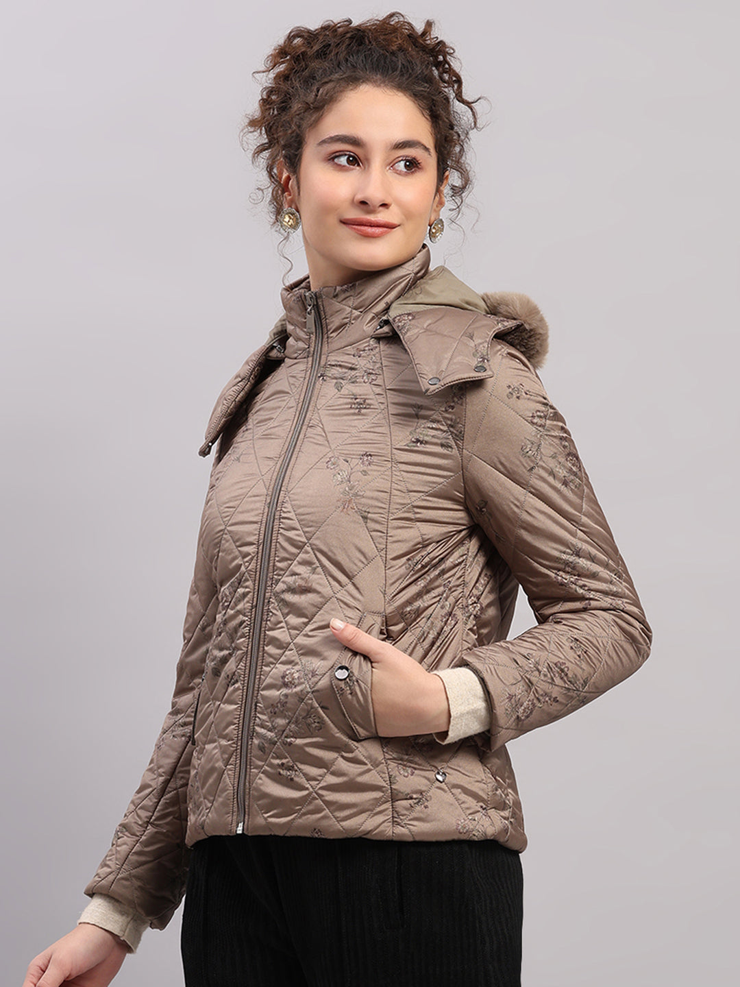 Women Olive Printed Hooded Full Sleeve Jacket
