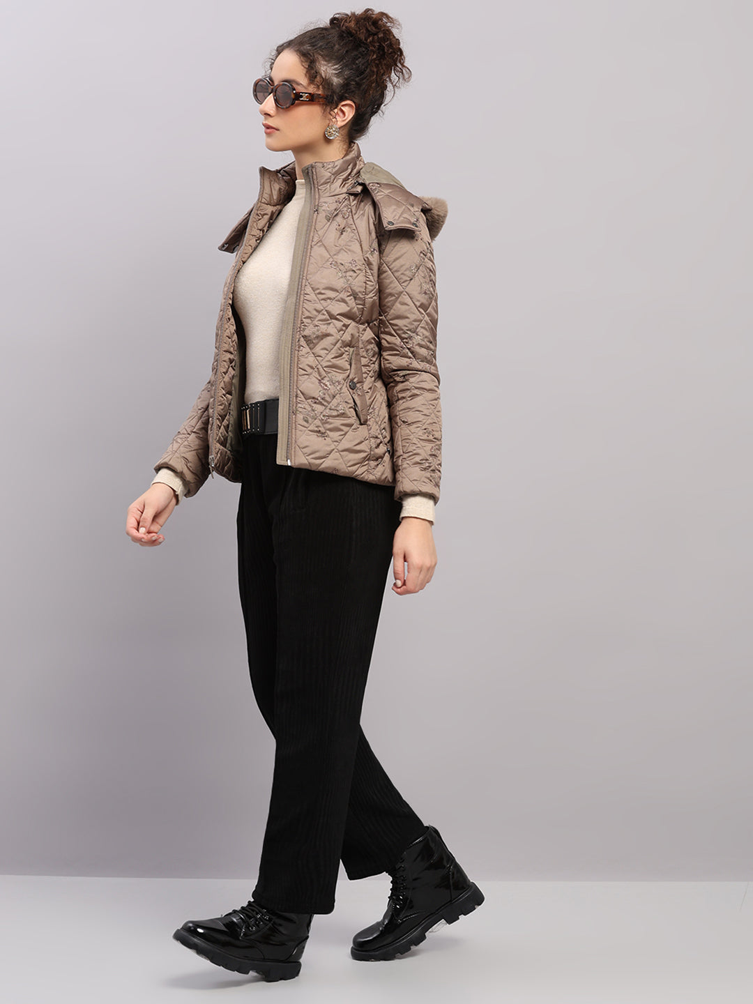 Women Olive Printed Hooded Full Sleeve Jacket