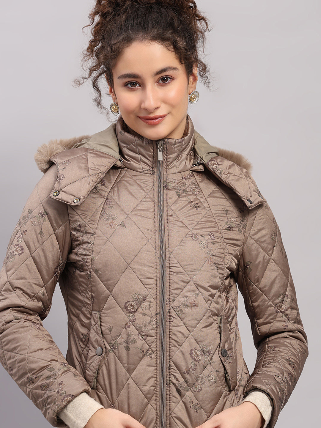 Women Olive Printed Hooded Full Sleeve Jacket