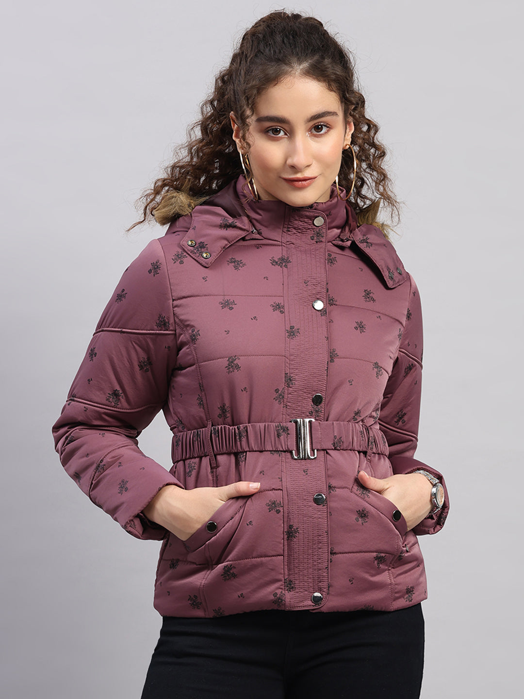 Women Mauve Printed Hooded Full Sleeve Jacket