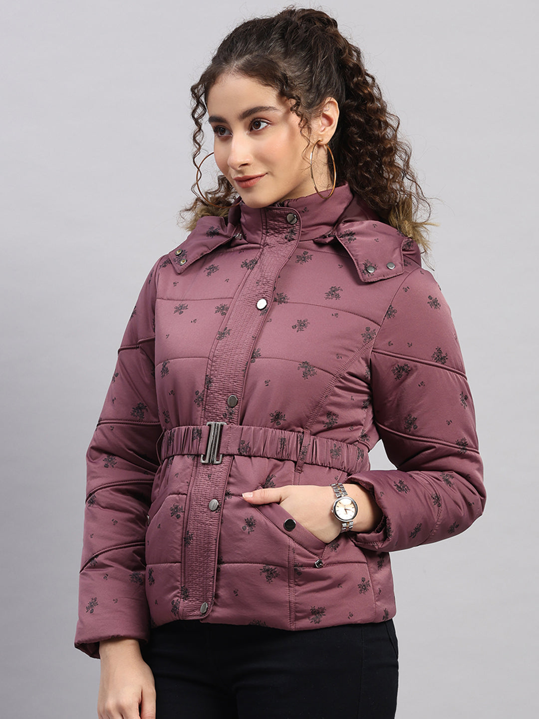 Women Mauve Printed Hooded Full Sleeve Jacket