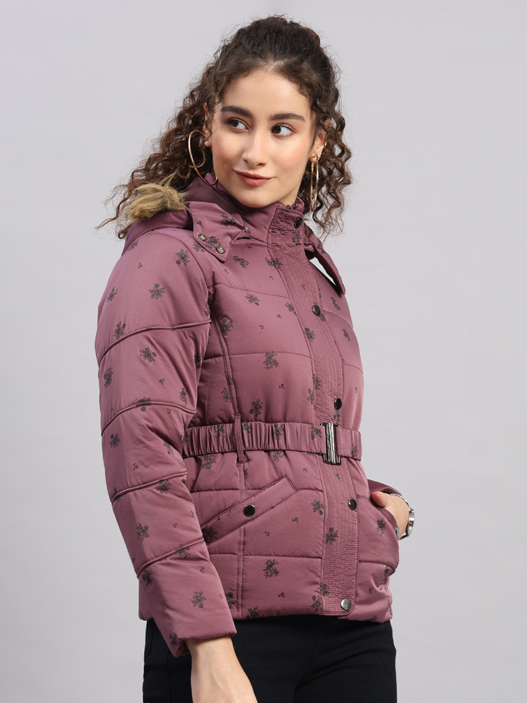 Women Mauve Printed Hooded Full Sleeve Jacket