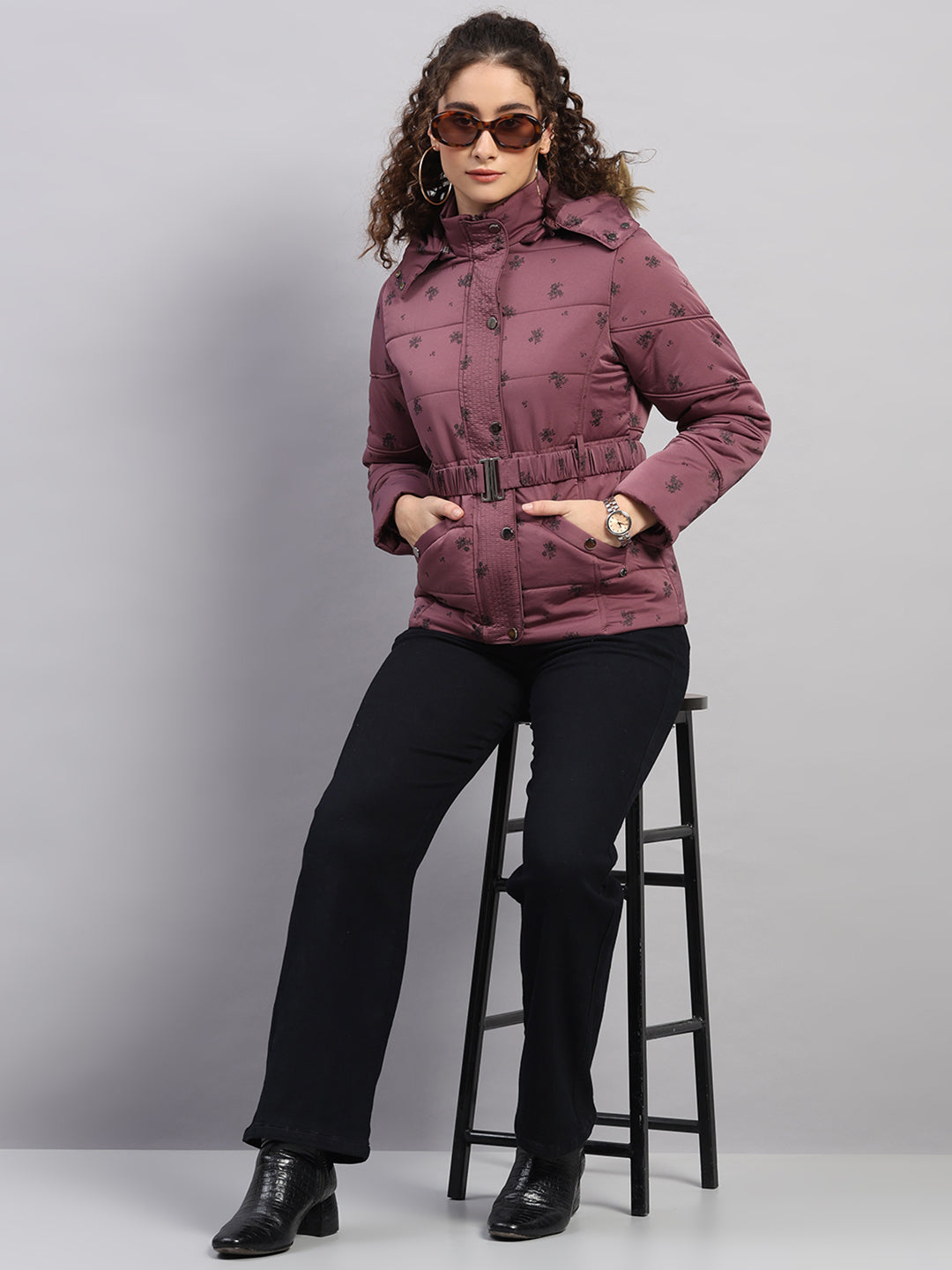 Women Mauve Printed Hooded Full Sleeve Jacket