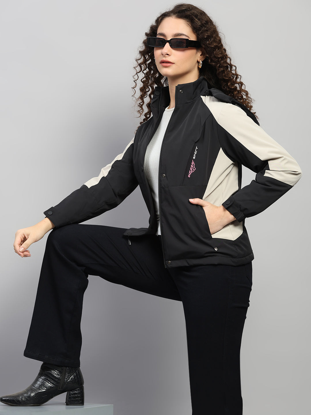 Women Black Solid Hooded Full Sleeve Jacket