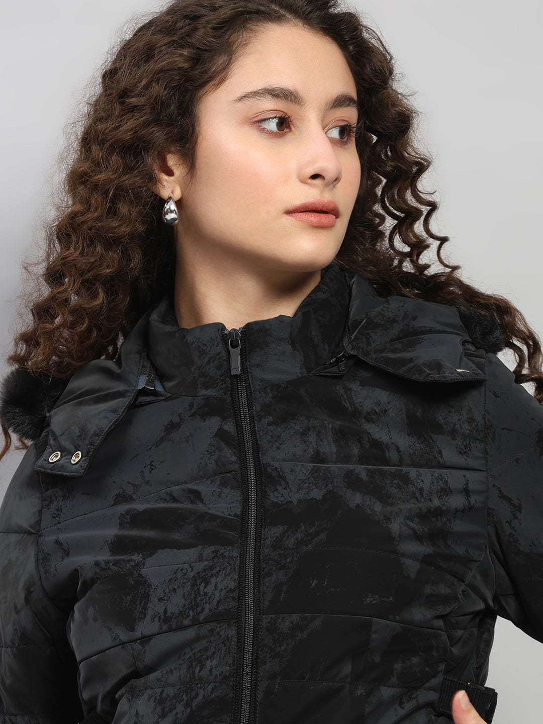 Women Black Printed Hooded Full Sleeve Jacket