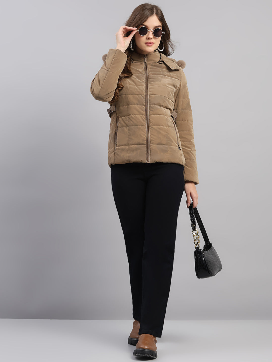 Women Brown Printed Hooded Full Sleeve Jacket