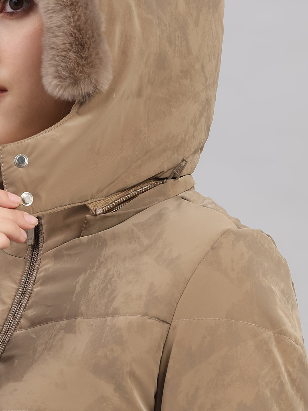 Women Brown Printed Hooded Full Sleeve Jacket