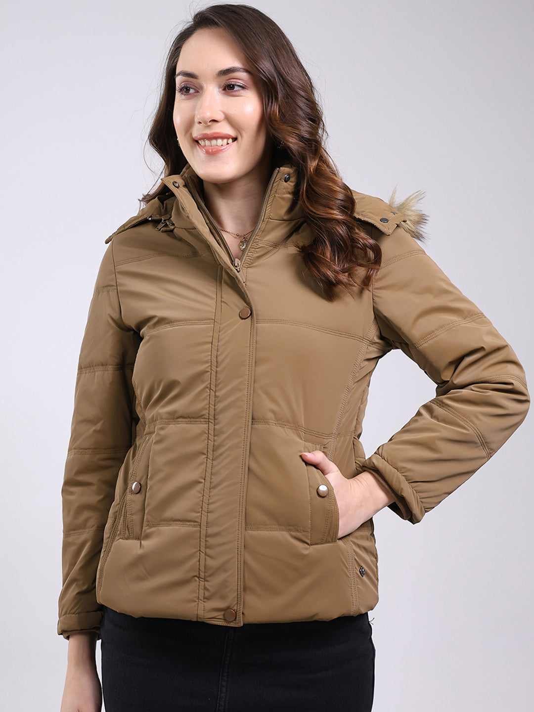 Women Camel Brown Solid Hooded Full Sleeve Jacket