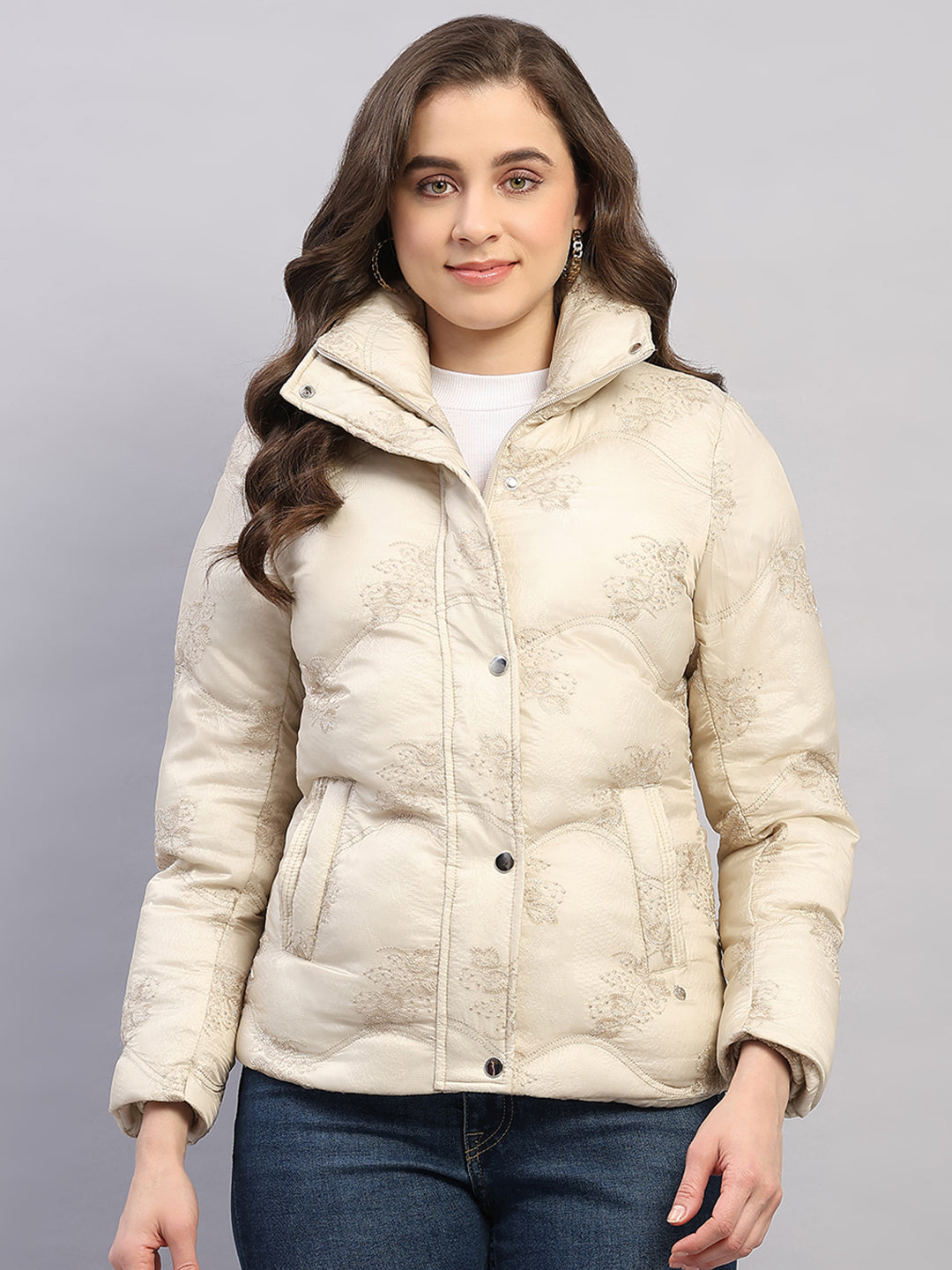 Women Beige Embroidered Collar Full Sleeve Jacket