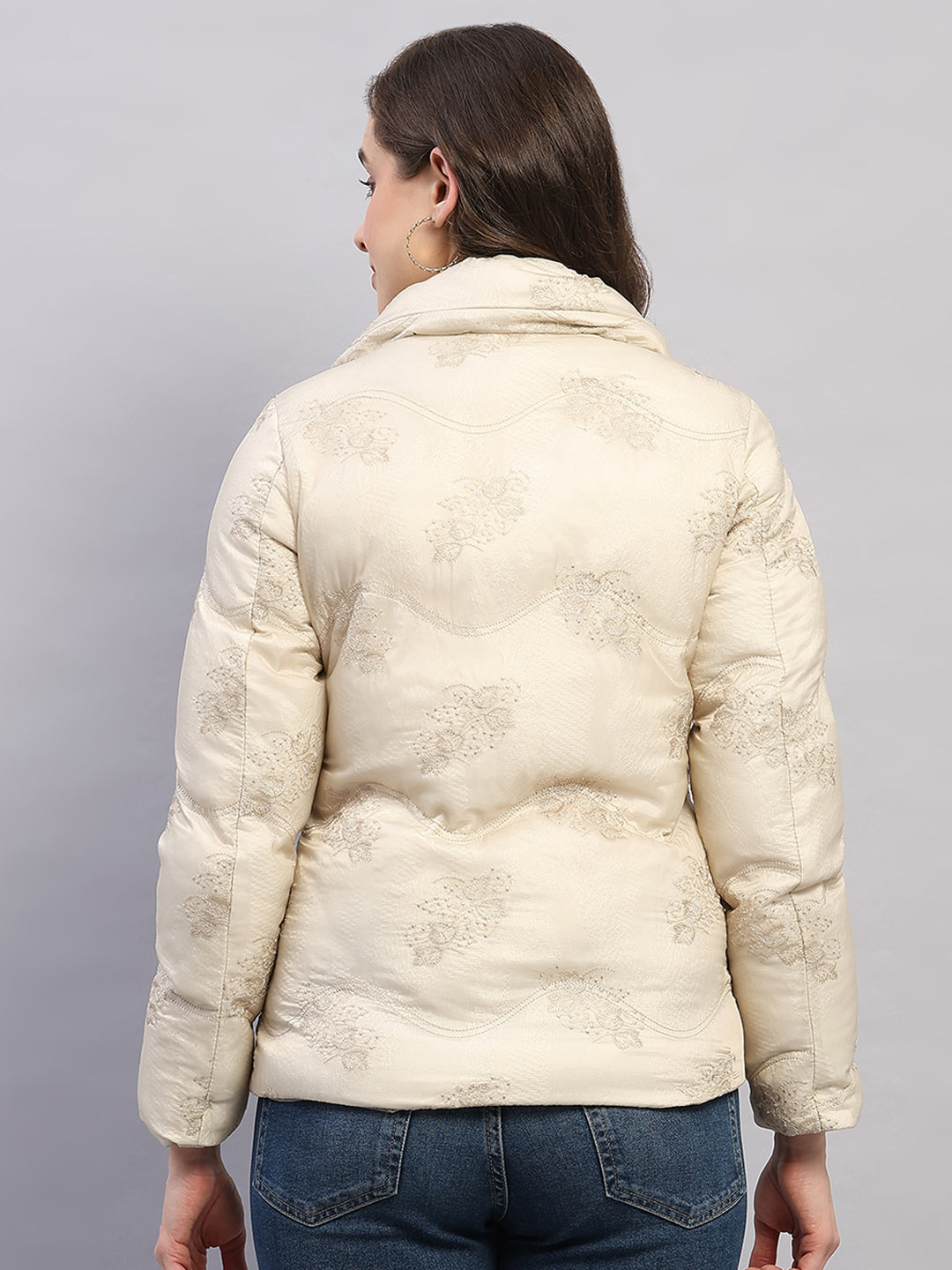 Women Beige Embroidered Collar Full Sleeve Jacket