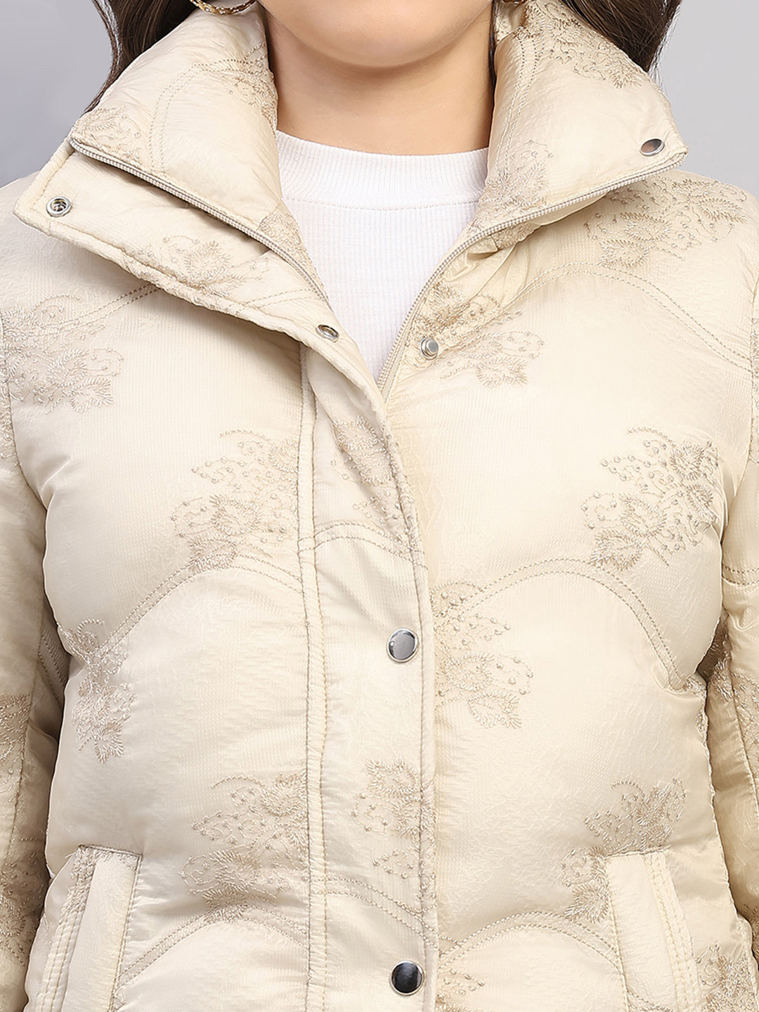 Women Beige Embroidered Collar Full Sleeve Jacket