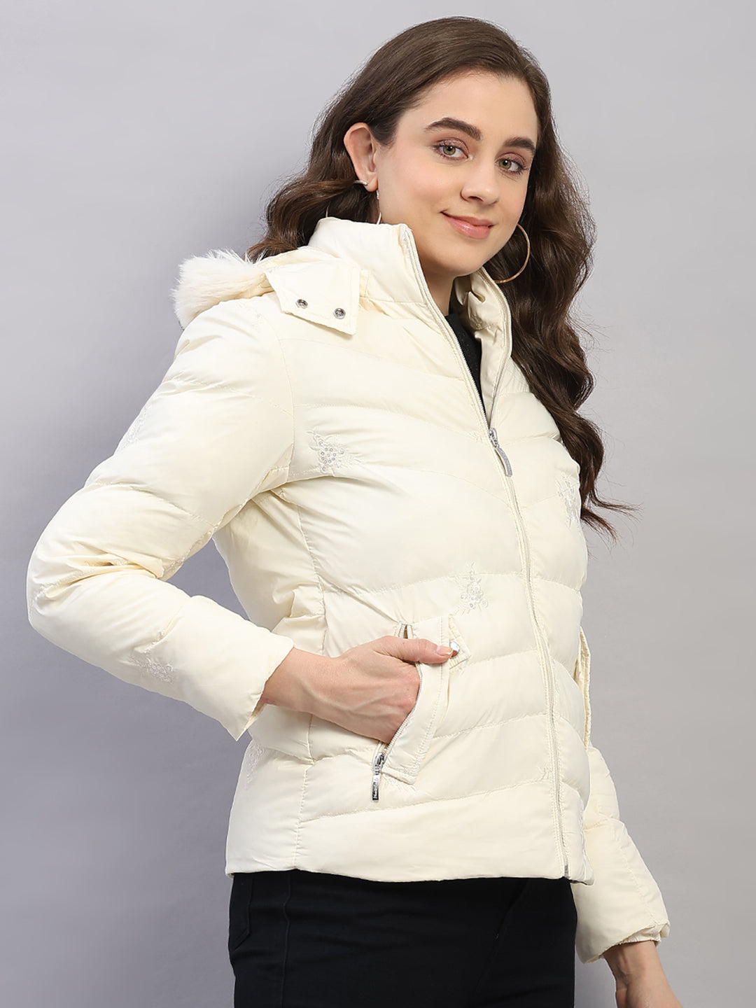 Women Off White Solid Hooded Full Sleeve Jacket