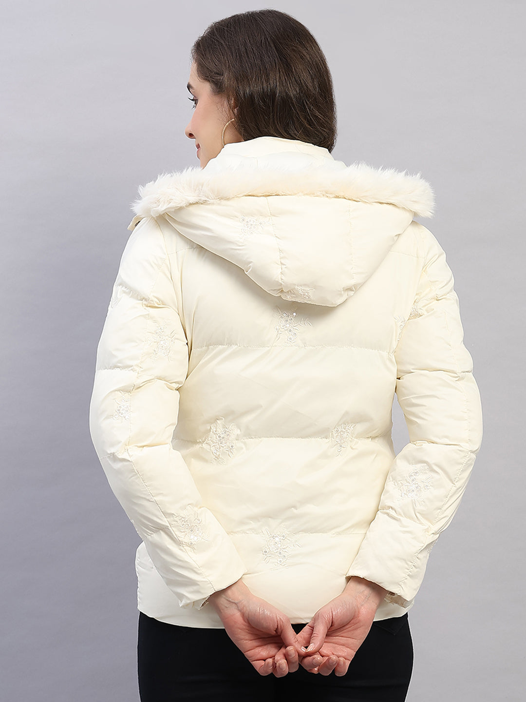 Women Off White Solid Hooded Full Sleeve Jacket