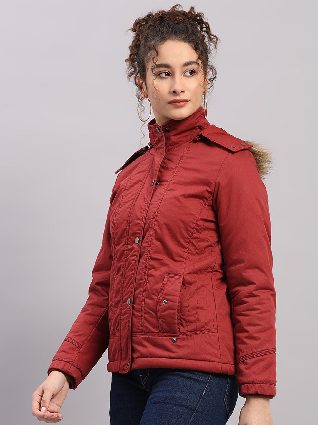 Women Maroon Solid Hooded Full Sleeve Jacket