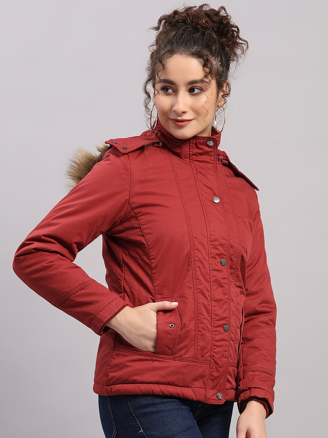 Women Maroon Solid Hooded Full Sleeve Jacket