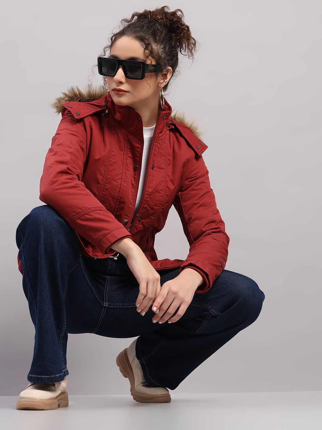Women Maroon Solid Hooded Full Sleeve Jacket