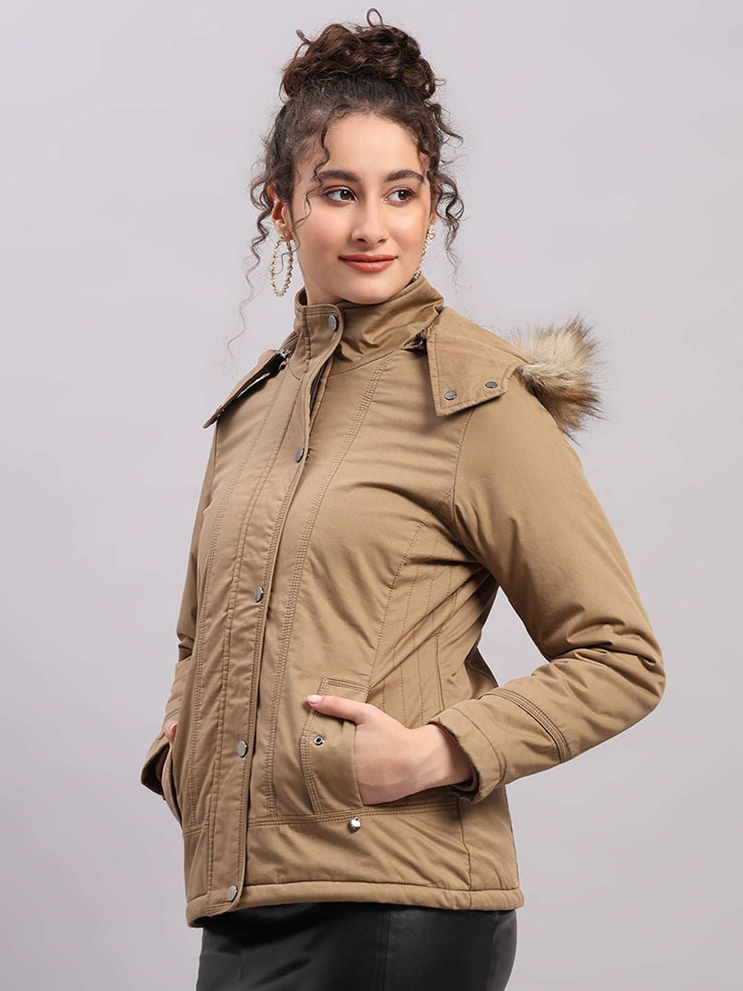 Women Khaki Solid Hooded Full Sleeve Jacket