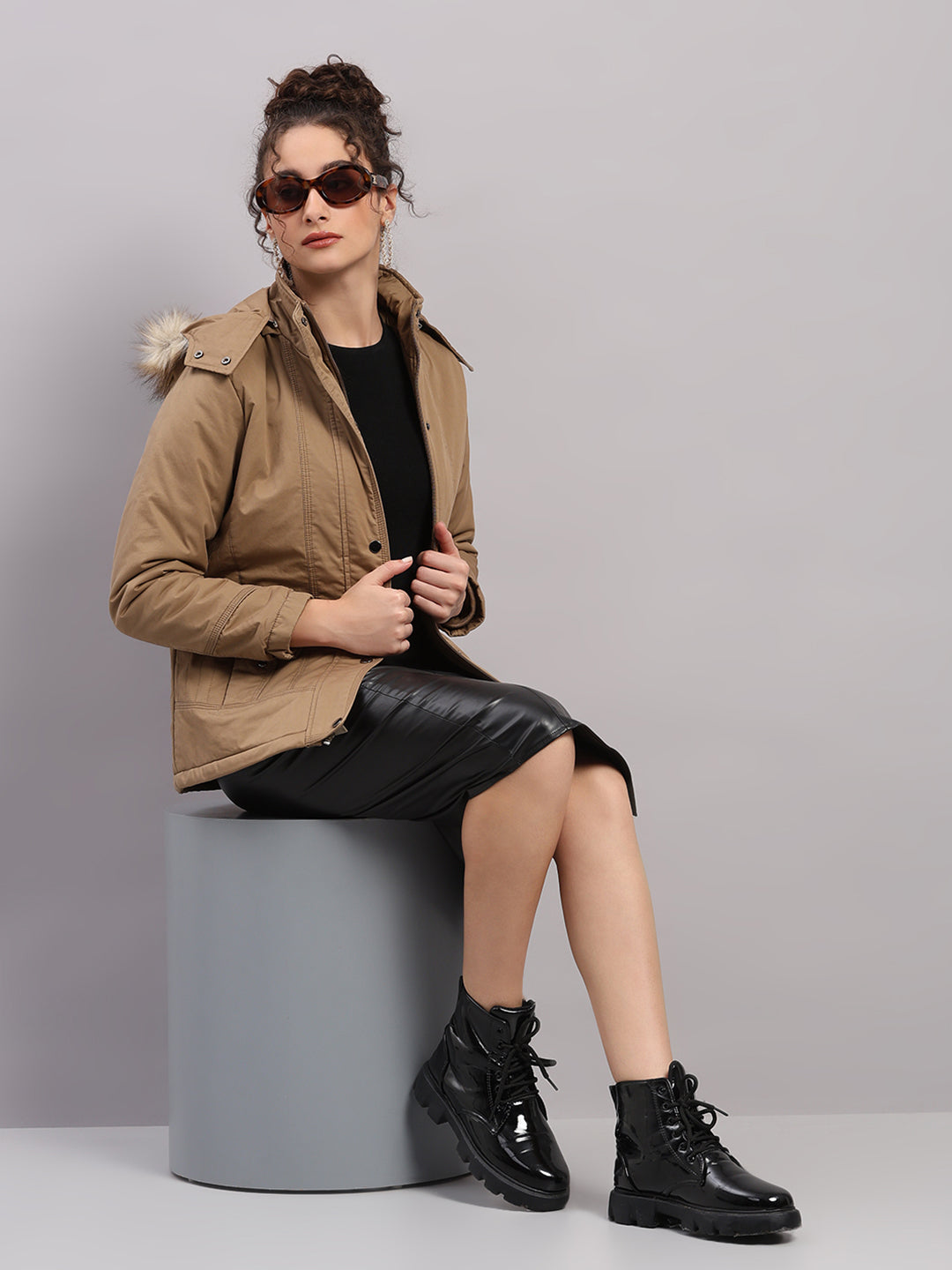 Women Khaki Solid Hooded Full Sleeve Jacket