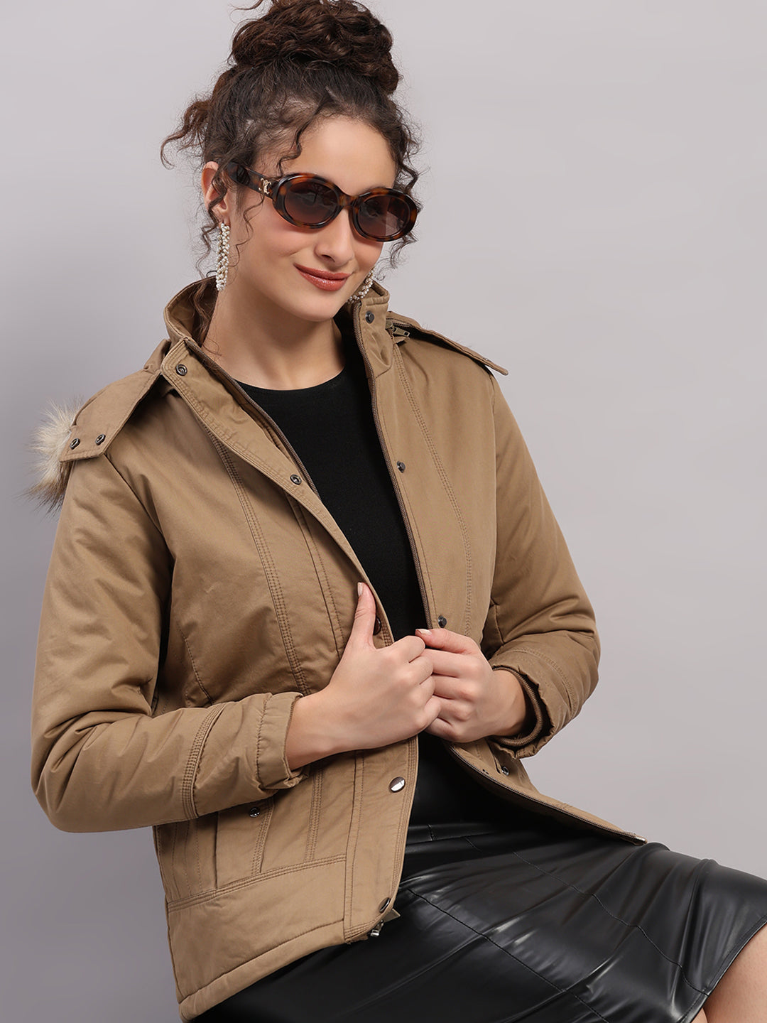 Women Khaki Solid Hooded Full Sleeve Jacket