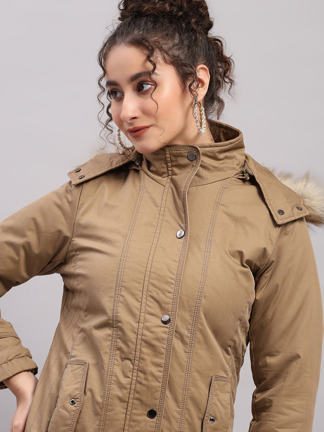 Women Khaki Solid Hooded Full Sleeve Jacket