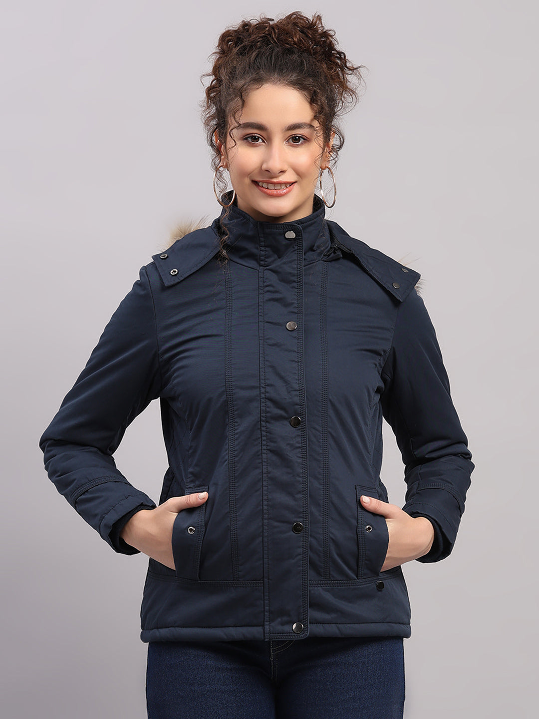 Women Blue Solid Hooded Full Sleeve Jacket