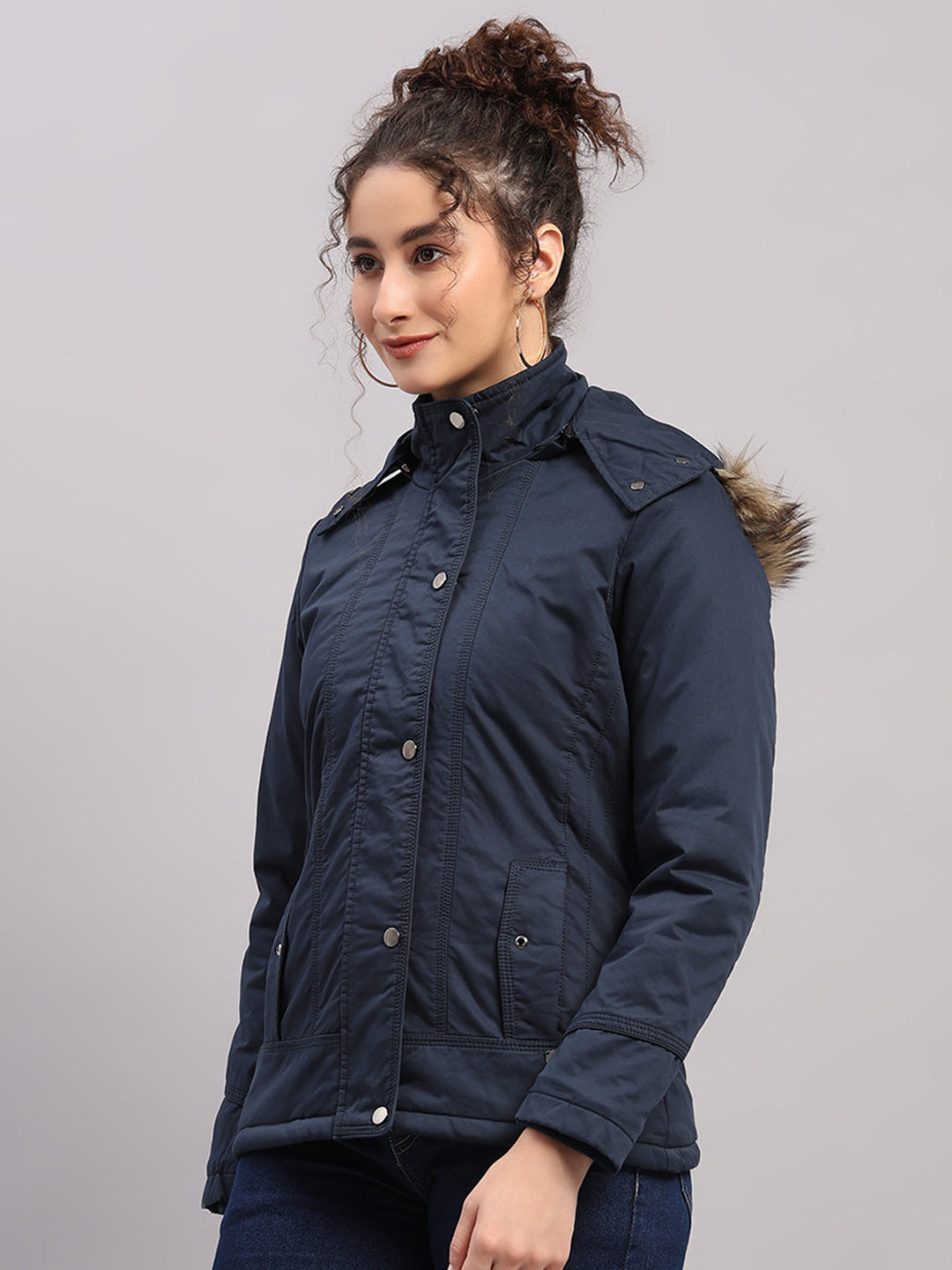 Women Blue Solid Hooded Full Sleeve Jacket