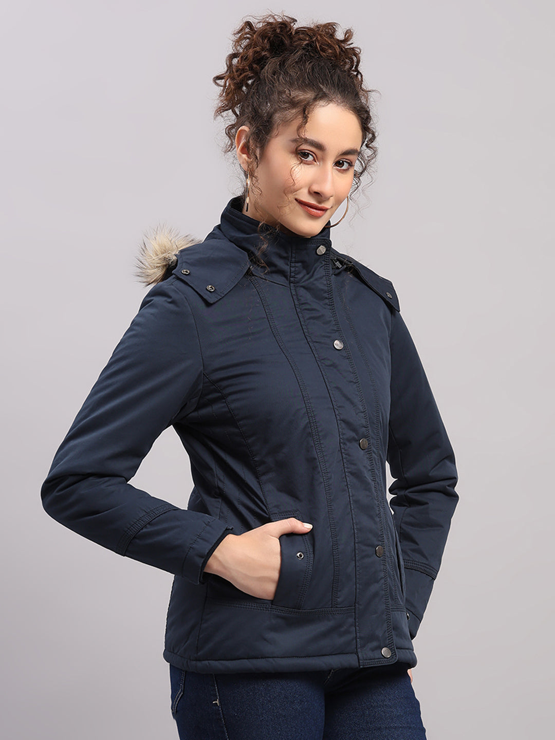 Women Blue Solid Hooded Full Sleeve Jacket