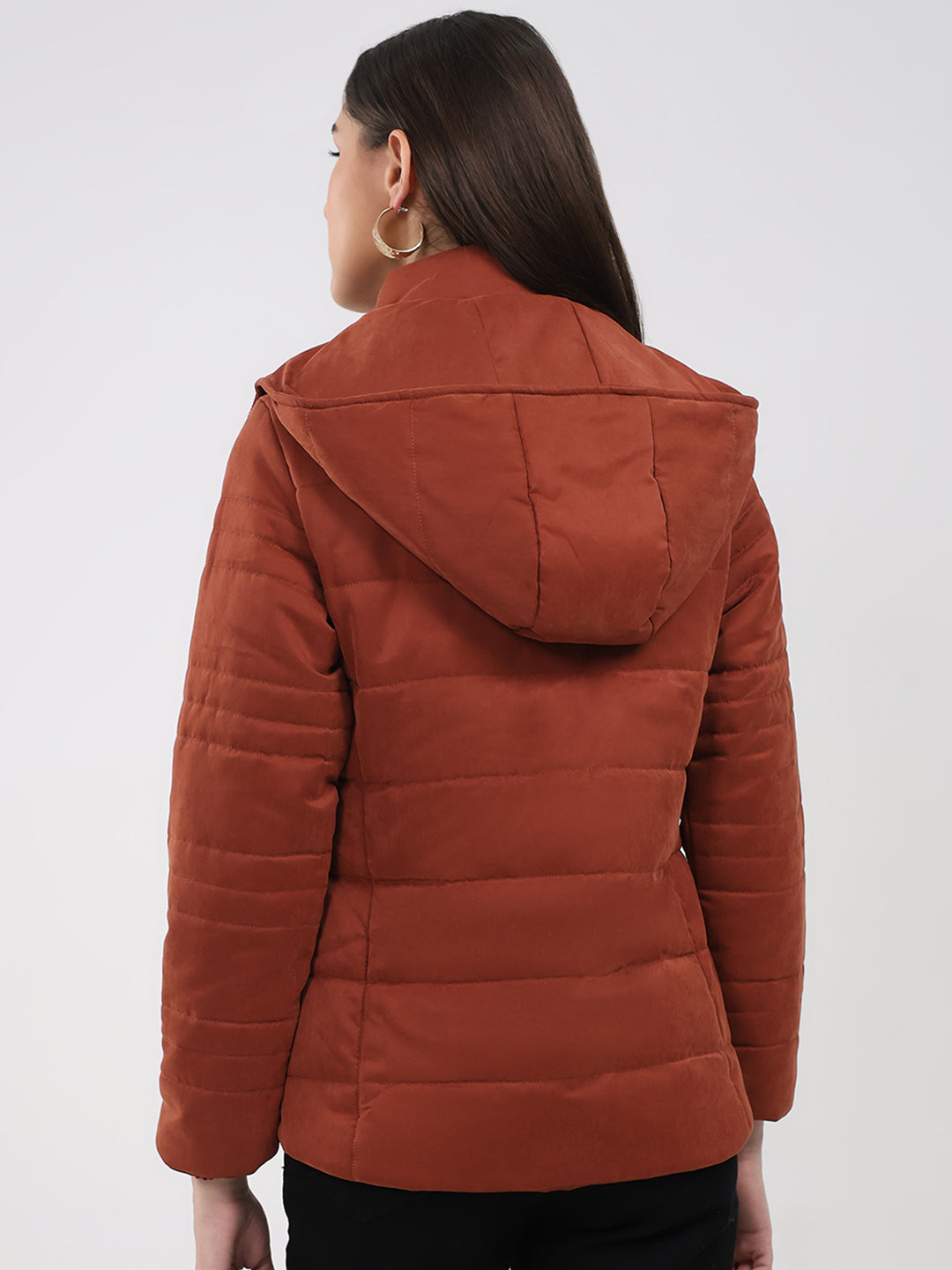 Women Rust Solid Hooded Full Sleeve Jacket