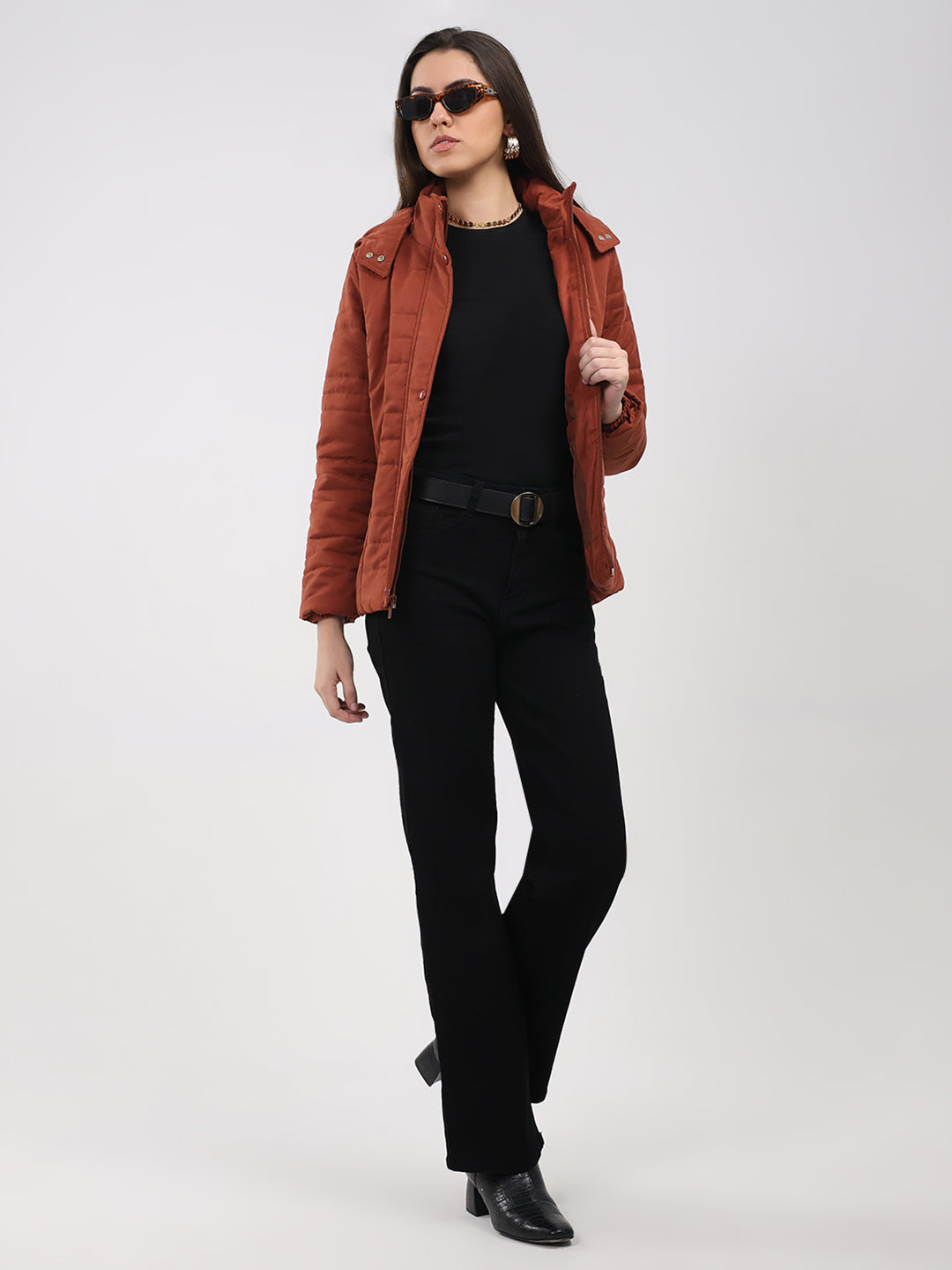 Women Rust Solid Hooded Full Sleeve Jacket