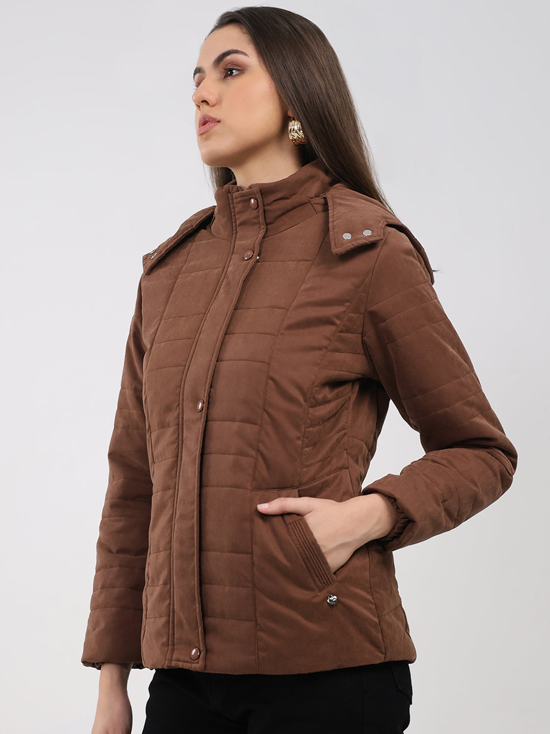 Women Brown Solid Hooded Full Sleeve Jacket