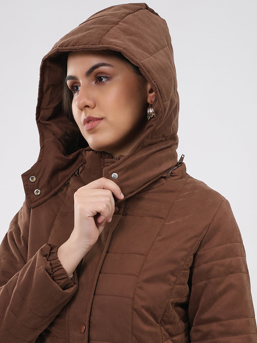 Women Brown Solid Hooded Full Sleeve Jacket