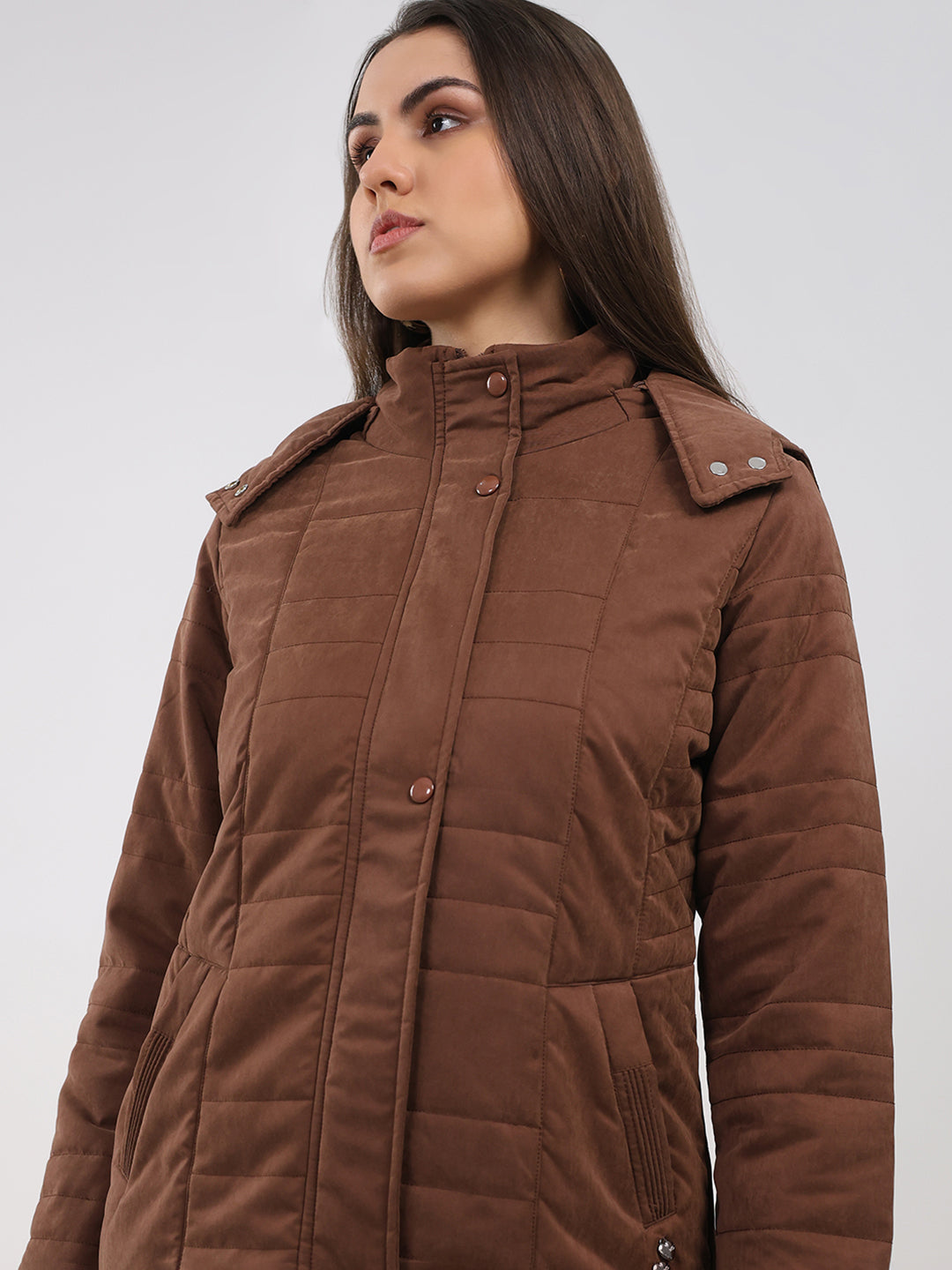Women Brown Solid Hooded Full Sleeve Jacket