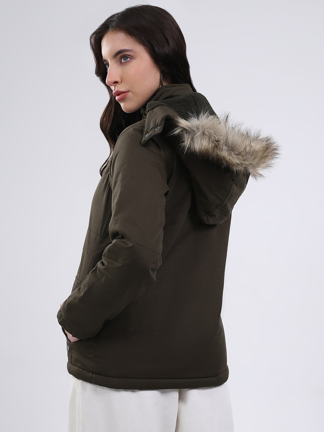 Women Olive Solid Hooded Full Sleeve Jacket