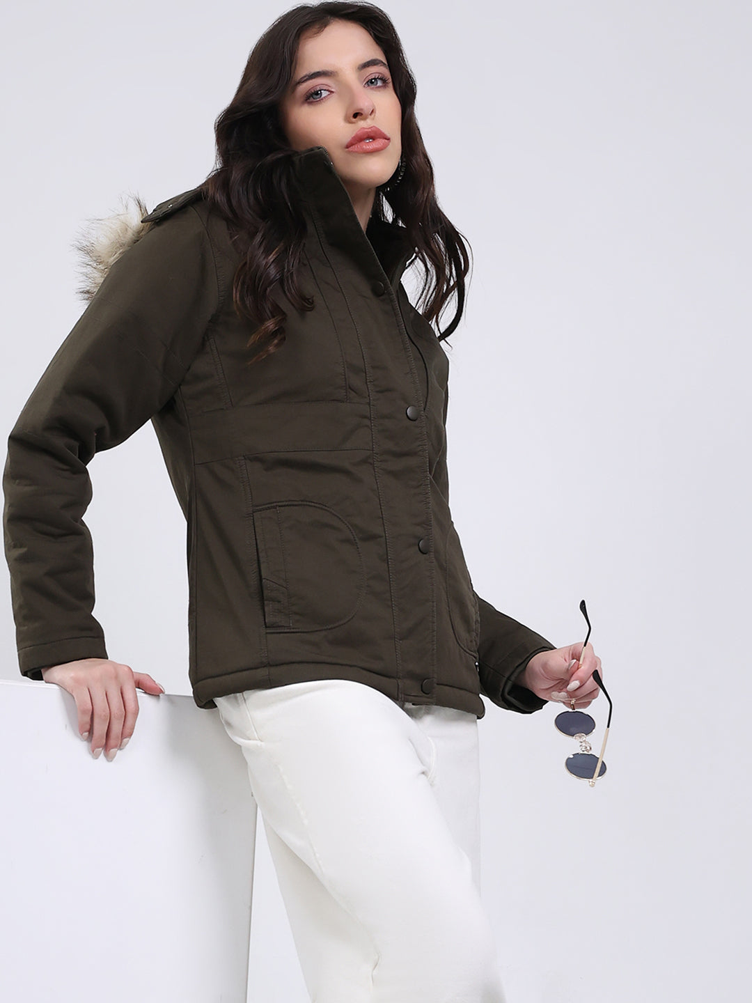 Women Olive Solid Hooded Full Sleeve Jacket